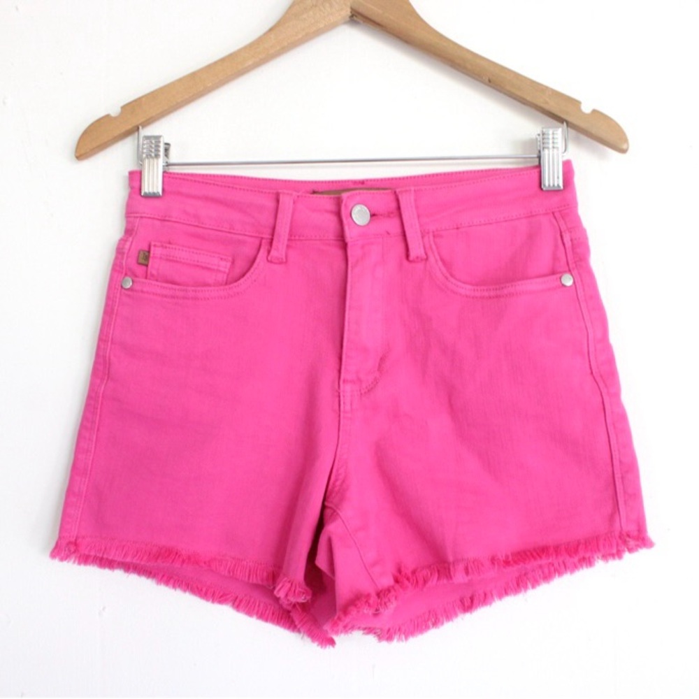 Judy Blue Mid Rise Garment Dyed Fray Hem Shorts